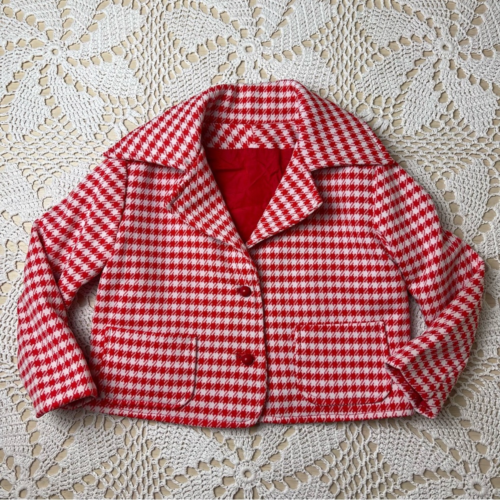 Vintage 1970s Girls 3-4 Years Red Houndstooth Blazer Short Jacket
